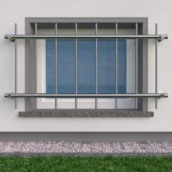 Fenstergitter aus Edelstahl Rundrohr ø 26,9 mm, Befestigung vor der Fenster-Laibung. Höhe 500 - 900 mm / 2 Gurte